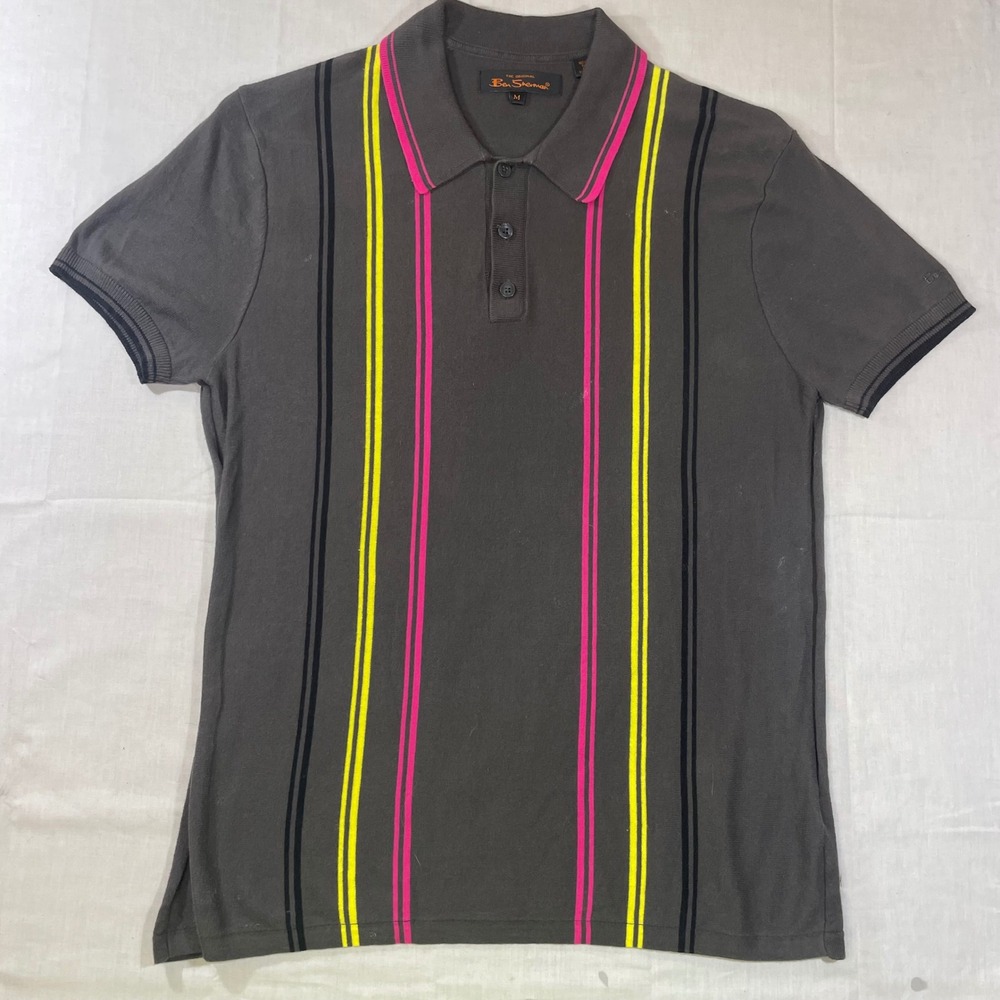 Ben Sherman Mens Gray Vertical Stripe Cotton Polo Shirt Size M Mod Indie Retro